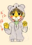  anthro blush brown_hair canine clothing cute fox hair hoodie japanese_text looking_at_viewer male mammal sfh shota simple_background smile solo sweater text young 