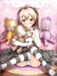  blush brown_eyes brown_hair girls_und_panzer hair_ribbon hairband kyamu_(qqea92z9n) long_hair looking_at_viewer panties pantyshot ribbon shimada_arisu side_ponytail solo striped striped_legwear stuffed_animal stuffed_toy teddy_bear thighhighs underwear 