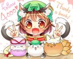  1girl :3 animal_ears blonde_hair blush bow brown_hair cat_ears chen double_v earrings english fang fluffy green_hat hair_bow hat hat_ribbon heart heart_background ibaraki_natou jewelry looking_at_viewer mob_cap multiple_tails o_o open_mouth orange_eyes pillow_hat red_vest ribbon short_hair sidelocks slit_pupils smile solo tail thank_you touhou two_tails v vest yakumo_ran yakumo_yukari 
