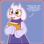  2015 anthro blush boss_monster caprine clothed clothing cute dialogue english_text eyewear female fur glasses goat happy mammal monster smile solo symbianl text toriel undertale video_games white_fur 