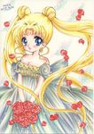  2016 bare_shoulders bishoujo_senshi_sailor_moon blonde_hair blue_eyes bouquet breasts cleavage cowboy_shot crescent dated double_bun dress facial_mark flower forehead_mark kouki_ran long_hair looking_at_viewer marker_(medium) medium_breasts princess_serenity red_flower red_rose rose signature smile solo strapless strapless_dress traditional_media tsukino_usagi twintails 
