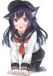  absurdres akatsuki_(kantai_collection) all_fours anchor_symbol animal_ears black_legwear blush cat_ears fang fingernails flat_cap full_body go-1 hat highres kantai_collection kemonomimi_mode loafers long_hair long_sleeves looking_at_viewer open_mouth pantyhose pleated_skirt purple_eyes purple_hair school_uniform serafuku shoes simple_background skirt solo teeth white_background 