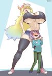  1boy 1girl angstrom artist_name baseball_cap black_legwear black_tank_top blonde_hair blush breasts denim denim_shorts dragon_horns erect_nipples eyebrows_visible_through_hair eyes_closed full_body green_hair hands_on_hips hat horns huge_breasts kobayashi-san_chi_no_maidragon long_sleeves looking_up magatsuchi_shouta matching_hair/eyes midriff navel open_mouth pants purple_eyes purple_hair quetzalcoatl_(maidragon) shoes shorts size_difference smile sneakers standing tank_top thighhighs thighs tongue underboob upper_teeth 