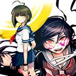  ahoge bad_id bad_pixiv_id blood blue_skirt bracelet broken_eyewear brown_hair cracked_lens danganronpa fukawa_touko genocider_shou glasses green_eyes jewelry long_hair looking_at_viewer looking_back miniskirt multiple_girls naegi_komaru pink_blood pleated_skirt red_eyes rokuichi_(bluelamp61) school_uniform scissors serafuku short_hair short_sleeves skirt tears zettai_zetsubou_shoujo 