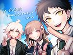  2boys backpack bad_id bad_pixiv_id bag bow bowtie brown_hair cloud danganronpa day hinata_hajime komaeda_nagito lens_flare lips looking_at_viewer multiple_boys nanami_chiaki official_style open_mouth outdoors parody pink_eyes pointing rokuichi_(bluelamp61) sky sleeves_past_wrists smile sun super_danganronpa_2 symbol-shaped_pupils upper_body v white_hair yellow_eyes 