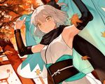  armpits arms_up autumn_leaves bad_id bad_pixiv_id blonde_hair bow buun_ko fate_(series) hair_bow half_updo haori japanese_clothes koha-ace obi okita_souji_(fate) okita_souji_(fate)_(all) ponytail sash scarf smile solo yellow_eyes 