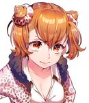  animal_print bangs breasts character_request cleavage collarbone collared_shirt fang hair_between_eyes hair_ornament hair_scrunchie ikezaki_misa leopard_print lips long_sleeves medium_breasts orange_eyes orange_hair print_scrunchie scrunchie shirt short_hair simple_background solo upper_body white_background white_shirt 