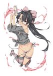  arms_up ass_visible_through_thighs bangs bare_shoulders belt black-framed_eyewear black_hair black_panties blush bow breasts dark_skin ebifurya eyebrows eyebrows_visible_through_hair fang full_body glasses groin gun hair_bow highres holding liquid long_hair looking_at_viewer maebari navel no_shoes open_mouth original panties pink_bow ponytail shadow side-tie_panties simple_background small_breasts solo stomach striped striped_legwear thigh_gap thighhighs underwear untied untied_panties wardrobe_malfunction water_gun weapon white_background yellow_eyes 