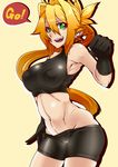  :d abs animal_ears armpits bare_shoulders bike_shorts black_gloves blonde_hair clenched_hand commentary covered_nipples cowboy_shot english gloves green_eyes groin hair_between_eyes hair_intakes kamen_no_hito long_hair looking_at_viewer low_ponytail navel open_mouth original orinrin_(kamen_no_hito) sleeveless sleeveless_turtleneck smile solo turtleneck undershirt 
