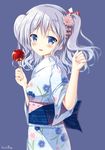  artist_name blue_eyes blush candy_apple commentary_request flower food from_side hair_flower hair_ornament holding japanese_clothes kantai_collection kashima_(kantai_collection) kimono long_hair looking_at_viewer open_mouth sash sidelocks silver_hair simple_background smile solo sousouman tsurime twintails wavy_hair yukata 