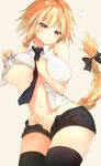  bangs bare_arms beige_background between_breasts black_bow black_neckwear black_shorts blonde_hair bow braid breasts collared_shirt cowboy_shot dress_shirt eyebrows eyebrows_visible_through_hair fate/apocrypha fate/grand_order fate_(series) flying_sweatdrops groin hand_between_breasts head_tilt jeanne_d'arc_(fate) jeanne_d'arc_(fate)_(all) large_breasts lifted_by_self long_hair looking_at_viewer navel necktie no_bra open_fly parted_lips red_eyes shirt shirt_lift short_shorts shorts simple_background single_braid sleeveless sleeveless_shirt solo stomach sune_(mugendai) thighhighs tight_shirt underboob very_long_hair white_shirt yellow_eyes 