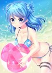  absurdres bad_revision ball bangs bare_arms bare_shoulders beach beachball bikini blue_bikini blue_eyes blue_hair blush breasts collarbone double_bun downscaled_revision dutch_angle highres hio_(hiohio0306) holding holding_ball kantai_collection looking_at_viewer md5_mismatch medium_breasts medium_hair outdoors side-tie_bikini smile solo sparkle star swimsuit urakaze_(kantai_collection) water 