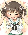  ^_^ akiyama_yukari blush brown_hair clenched_hands closed_eyes eyebrows eyebrows_visible_through_hair girls_und_panzer heart messy_hair ooarai_school_uniform open_mouth school_uniform short_hair solo_focus toto_nemigi wavy_mouth 