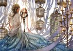  bare_shoulders bird birdcage brown_hair cage candle curtains feathers flower from_behind hair_flower hair_ornament ko_hokoryoku long_hair mirror original red_lips reflection solo tattoo 