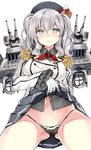  arm_behind_back ass_visible_through_thighs beret black_panties blush bow bow_panties breasts buttons cannon cowboy_shot epaulettes frilled_sleeves frills gloves grey_eyes hair_between_eyes hat jacket kantai_collection kashima_(kantai_collection) kerchief long_hair long_sleeves looking_at_viewer machinery medium_breasts military military_uniform navel nose_blush panties pleated_skirt shimeji_(4_me_ji) silver_hair simple_background skirt skirt_lift solo turret twintails underwear uniform wavy_hair white_background white_gloves 