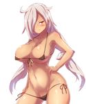  armpits bad_id bad_pixiv_id bikini black_bikini blush breasts hacka_doll hacka_doll_0 hair_over_one_eye hand_on_hip highres large_breasts long_hair nitro_(mugityaoisii) side-tie_bikini silver_hair simple_background solo swimsuit twintails white_background yellow_eyes 