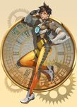  bangs bodysuit bomber_jacket breasts brown_eyes brown_hair character_name clothes_writing cross-laced_footwear from_side full_body gears gloves glowing goggles hand_on_hip jacket leg_up looking_at_viewer medium_breasts orange_bodysuit overwatch roman_numerals sae_(revirth) salute shoes short_hair smile solo thigh_strap tracer_(overwatch) two-finger_salute white_footwear yellow_background 