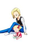  2girl 2girls android_18 blonde_hair blue_eyes dragon_ball dragonball_z drawing family marron multiple_girls orochi_(namashiba) short_hair sitting smile 