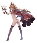  ass back black_legwear blonde_hair book breasts cagliostro_(granblue_fantasy) cape crown from_behind full_body granblue_fantasy hand_on_hip holding holding_book long_hair looking_at_viewer looking_back naked_cape nipples nude open_book open_mouth redcomet simple_background small_breasts solo standing thighhighs white_background 