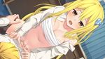  1girl artist_request blonde_hair blush breasts brown_eyes censored character_request cleavage game_cg girl_on_top hair_ornament long_hair open_clothes open_mouth open_shirt pussy_juice sarashi sex shirt source_request straddle straddling tagme 