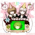  1girl alter_ego bad_id bad_pixiv_id balloon brown_eyes brown_hair candle character_name chocolate chocolate_icing danganronpa father_and_daughter flipped_hair fujisaki_chihiro handheld_game_console happy_birthday hat highres icing monomi_(danganronpa) nanami_chiaki otoko_no_ko party_hat purple_eyes rokuichi_(bluelamp61) school_uniform silver_hair smile spoilers super_danganronpa_2 