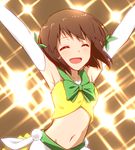  :d ^_^ armpits arms_up backlighting blush bob_cut bow bowtie breasts brown_hair closed_eyes commentary_request elbow_gloves gloves green_bow green_neckwear hagiwara_yukiho idol idolmaster idolmaster_(classic) navel ninnzinn open_mouth short_hair small_breasts smile solo sweat upper_body white_gloves 