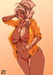 bikini blonde_hair breasts donson hood hoodie huge_breasts long_hair orange_eyes solo swimsuit tan thick_thighs thighs 