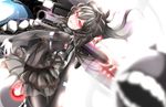  arched_back black_dress black_hair black_legwear blurry bonnet cannon depth_of_field dress enemy_aircraft_(kantai_collection) frills glowing glowing_eyes gothic_lolita high_heels horns isolated_island_oni kantai_collection leaning_back leg_lift leg_up light lolita_fashion long_hair looking_at_viewer nail_polish open_mouth pale_skin pantyhose pink_nails red_eyes shinkaisei-kan shiratsuyu_natsume standing standing_on_one_leg 