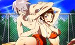  1girl adam_muirhead bad_id bad_pixiv_id bikini blush breasts brown_hair chain-link_fence cigarette couple day fence green_eyes hetero lighter looking_at_viewer male_swimwear medium_breasts nobunagun ogura_shio outdoors red_eyes rokuichi_(bluelamp61) scar short_hair silver_hair sitting sky smile smoking swim_trunks swimsuit swimwear tree zippo_(object) 