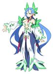  blue_hair breasts center_opening cleavage disgaea dress earrings green_eyes jewelry leaf long_hair low_twintails makai_senki_disgaea_5 nippon_ichi official_art pointy_ears sage_(disgaea) simple_background solo twintails very_long_hair white_background 