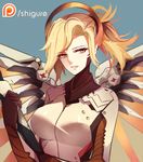  artist_name blonde_hair blue_background blue_eyes bodysuit breasts gradient gradient_background high_ponytail holding holding_staff large_breasts long_hair looking_at_viewer mechanical_halo mechanical_wings mercy_(overwatch) orange_wings overwatch parted_lips patreon_logo patreon_username shiguru solo spread_wings staff upper_body watermark wings yellow_background 