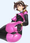  ass blue_eyes bodysuit breasts brown_hair cameltoe clenched_teeth covered_anus covered_nipples earrings g_gundam gundam highres jewelry large_breasts looking_at_viewer mobile_trace_suit pink_bodysuit rain_mikamura short_hair simple_background solo spread_anus_under_clothes sweatdrop teeth ts422 white_background 