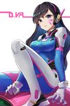  alternate_eye_color animal_print armor bangs bodysuit boots bracer breasts brown_hair bunny_print d.va_(overwatch) facepaint facial_mark gloves headphones high_collar highres long_hair looking_at_viewer medium_breasts meka_(overwatch) overwatch pauldrons pilot_suit purple_eyes ribbed_bodysuit shoulder_pads simple_background sitting skin_tight solo thigh_boots thigh_strap thighhighs turtleneck whisker_markings white_background white_footwear white_gloves xiui7 