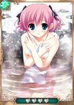  black_ribbon blue_eyes breasts card_(medium) grisaia_(series) grisaia_no_kajitsu hair_ribbon komine_sachi looking_at_viewer medium_breasts nipples nude onsen outdoors partially_submerged pink_hair ribbon short_hair snow solo towel 