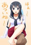  agano_(kantai_collection) black_hair breasts commentary_request eyebrows eyebrows_visible_through_hair food gloves highres jikkyou kantai_collection long_hair looking_at_viewer medium_breasts neckerchief open_mouth popsicle school_uniform serafuku single_thighhigh sitting solo thighhighs translated white_gloves 