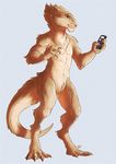  anthro facial_hair featureless_crotch hornedfreak male mammal mustache mustelid nude otter phone simple_background solo standing 