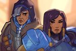  ana_(overwatch) armor asia_kendrick-horton black_hair braid dark_skin eyepatch facial_tattoo grey_hair hijab looking_at_viewer mother_and_daughter multiple_girls old_woman overwatch pharah_(overwatch) power_armor tattoo 