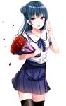  blue_hair blush bouquet flower hair_bun highres long_hair looking_at_viewer love_live! love_live!_sunshine!! morerin open_mouth purple_eyes school_uniform serafuku skirt smile solo thighhighs tsushima_yoshiko v zettai_ryouiki 