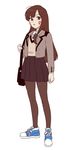  ahoge alternate_costume bad_id bad_twitter_id bag black_skirt blazer brown_eyes brown_hair brown_legwear buttons cardigan_vest collared_shirt contemporary croquis2 d.va_(overwatch) dress_shirt eyebrows_visible_through_hair facepaint facial_mark full_body jacket long_hair looking_at_viewer miniskirt necktie open_mouth overwatch pantyhose pleated_skirt school_uniform shirt shoes shoulder_bag simple_background skirt sneakers solo striped striped_neckwear whisker_markings white_background white_shirt 