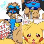  ! &gt;_&lt; &lt;3 &lt;3_eyes ambiguous_gender apefromspace3 blue_fur blush collar comic costume cum english_text fangs fur lion_costume nintendo o_o open_mouth penis pikachu pok&eacute;mon riolu saliva small_fangs text tongue tongue_out unzipping video_games yellow_fur 