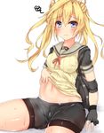  abukuma_(kantai_collection) bangs bike_shorts blonde_hair blue_eyes blush breasts buttons double_bun elbow_pads gloves hair_between_eyes hair_rings highres kantai_collection long_hair looking_at_viewer medium_breasts navel no_pants partly_fingerless_gloves pikacchi remodel_(kantai_collection) school_uniform serafuku short_sleeves simple_background single_glove solo sweat thighs twintails white_background 
