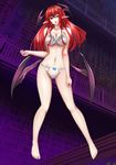 :d absurdres ass_visible_through_thighs bare_shoulders blue_bow bookshelf bow bow_bra bow_panties bra breasts cleavage collarbone commentary_request demon_girl demon_wings full_body groin head_wings highres koakuma library long_hair looking_at_viewer medium_breasts open_mouth panties pointy_ears red_eyes red_hair smile solo thighs tk31 touhou underboob underwear voile white_bra white_panties wings 