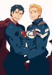  arm_around_waist black_hair blonde_hair blue_eyes cape captain_america coif crossover dc_comics looking_at_viewer marvel multiple_boys muscle norasame_(dagako) simple_background smile steve_rogers superhero superman tan_background 