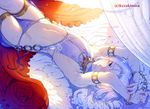  armlet arms_up arslan arslan_senki bed_sheet blue_eyes blush bracelet covered_nipples curtains groin ikezaki_misa jewelry long_hair lying male_focus navel necklace nipples nose_blush on_back pearl_necklace see-through solo sweat thighhighs twitter_username white_hair white_legwear 