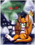  3_toes anthro dust:_an_elysian_tail female fidget fur grass green_eyes hair mammal mist mushroom nimbat ominous orange_fur orange_hair pawpads red_eyes solo toes tuft video_games wings yuki-orin 