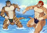  2016 abs anthro beach biceps bulge claws clothed clothing duo feline fur hair hi_res hybrid male mammal manly muscular muscular_male mustelid nipples otter outside pecs sabertooth_(disambiguation) seaside shade_the_wolf smile speedo standing stripes swimsuit teeth tiger topless underwear water white_fur 
