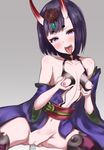  akiamare bad_id bad_pixiv_id bare_shoulders black_hair breasts censored collarbone eyeliner fate/grand_order fate_(series) grabbing highres horns japanese_clothes kimono makeup midriff naked_kimono navel nipples oni oni_horns purple_eyes pussy self_fondle short_eyebrows short_hair short_kimono shuten_douji_(fate/grand_order) small_breasts solo sweat tongue tongue_out 
