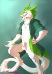  animal_genitalia anthro balls clothed clothing fully_sheathed hornedfreak looking_at_viewer male open_shirt sergal sharp_teeth sheath simple_background smile solo standing teeth 