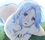  arslan arslan_senki ass blue_eyes blush butt_crack commentary_request earrings grass heart heart-shaped_pupils ikezaki_misa jewelry male_focus open_mouth partially_submerged solo symbol-shaped_pupils water white_hair 