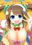  :d ahoge backpack bag bell bell_choker blue_eyes blush bracelet breasts brown_hair choker cleavage collarbone commentary_request dress fang green_choker hair_ornament hanging_breasts jewelry jingle_bell large_breasts leaning_forward looking_at_viewer minori_(senran_kagura) open_mouth senran_kagura senran_kagura_shinovi_versus short_sleeves smile solo twintails watarui yellow_dress 